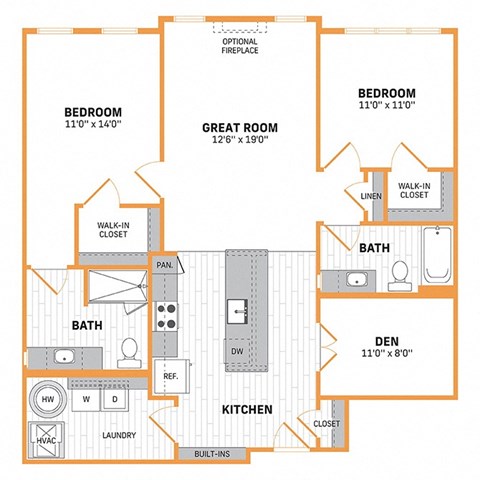 Floor plan for 2 beds, 2 baths, 1303 sqft